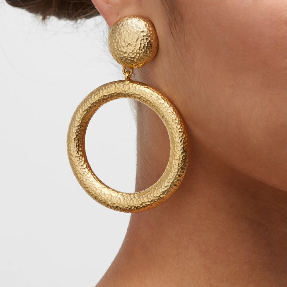 Ben-Amun Gold Hammered Hoop Drop Clip-On Earrings, NWOT